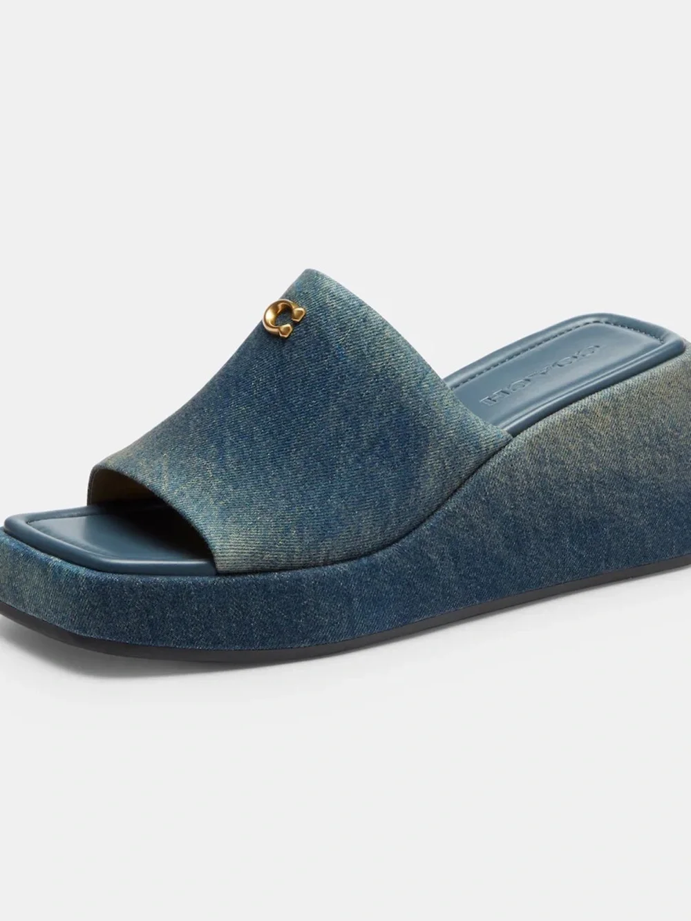 Coach Denim Blue Wedge Slide Sandal with Gold Accent nib